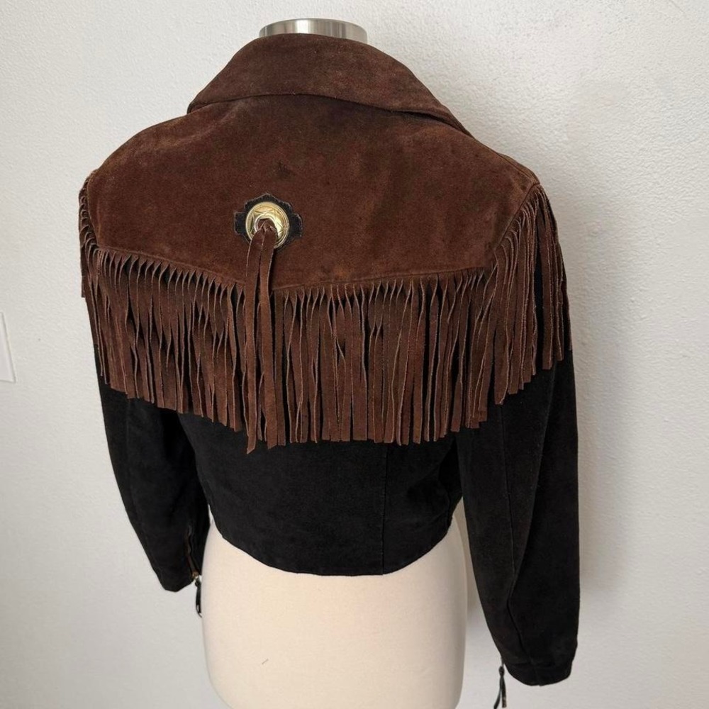 Vintage 70s Fringe Suede Leather Jacket Cropped Western Boho Brown Black - Picture 5 of 10